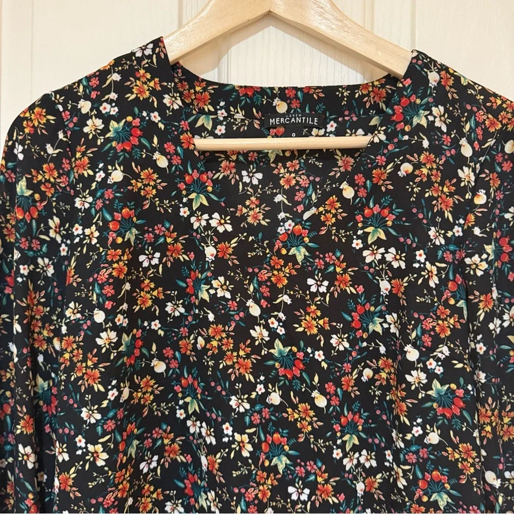 J. Crew Mercantile Floral Black Top Boho Bell Sleeves New Size XS 0 office work - Picture 4 of 11